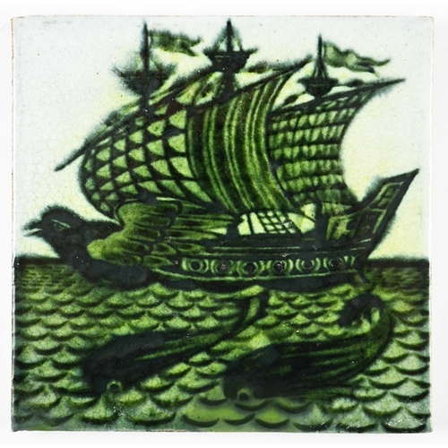 1206 - William De Morgan, a Galleon tile, circa 1898, painted in full sail with a burd and whales, impresse... 