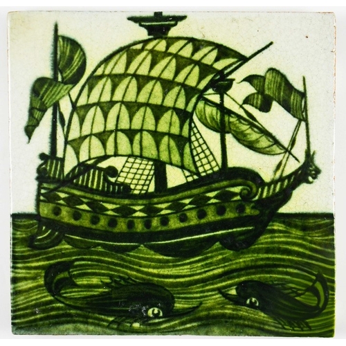 1207 - William De Morgan, a Galleon tile, circa 1898, painted in full sail with dolphins, impressed 98 mark... 