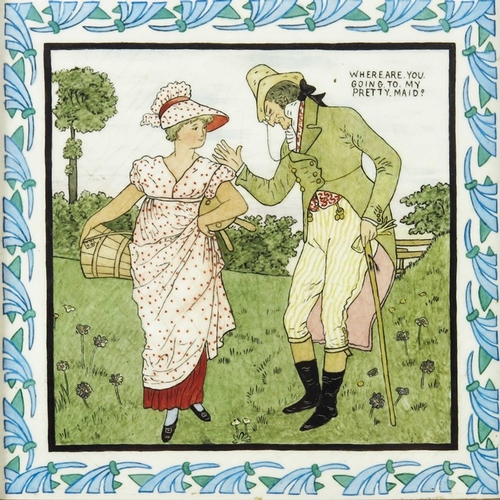 1211 - Walter Crane for Minton, a set of six nursery rhyme tiles, circa 1877, hand painted with various sce... 