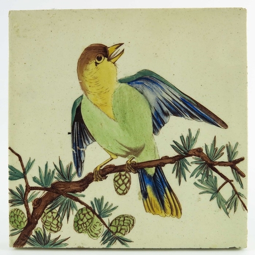 1214 - Three Victorian bird tiles, in the style of Guy Mallet, transfer printed and coloured, including sto... 