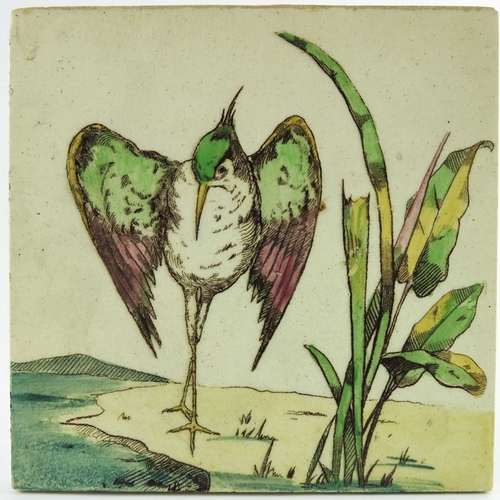 1214 - Three Victorian bird tiles, in the style of Guy Mallet, transfer printed and coloured, including sto... 