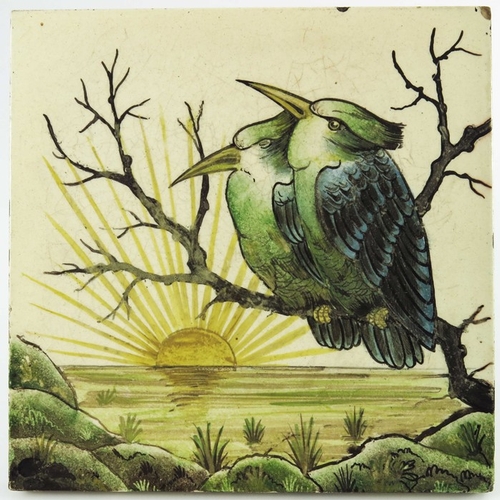 1215 - A Minton and Hollins Aesthetic Movement tile, painted with two birds on a branch over a watery lands... 