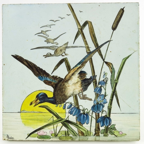 1215 - A Minton and Hollins Aesthetic Movement tile, painted with two birds on a branch over a watery lands... 