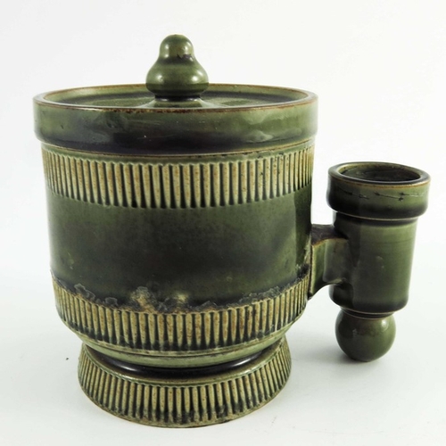 1230 - A Doulton Lambeth stoneware isobath, green glazed cylindrical form with reeded banding, 13cm high