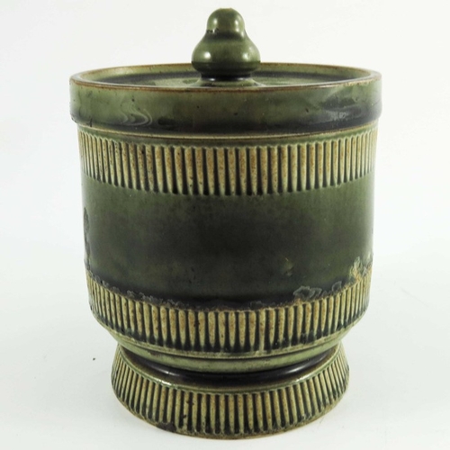 1230 - A Doulton Lambeth stoneware isobath, green glazed cylindrical form with reeded banding, 13cm high