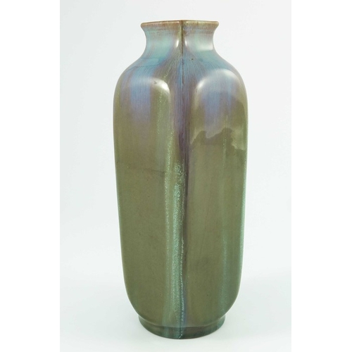 1283 - Pilkington, two Royal Lancastrian vases, 1908 and 1909, square section shouldered form in opalescent... 