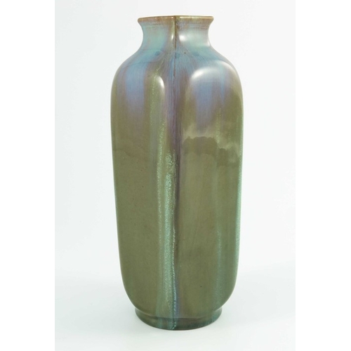 1283 - Pilkington, two Royal Lancastrian vases, 1908 and 1909, square section shouldered form in opalescent... 