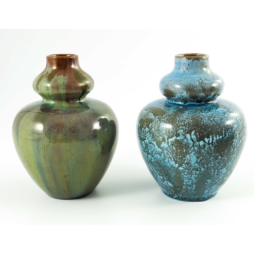 1305 - Pilkington, two Royal Lancastrian opalescent vases, 1903 and 1909, double gourd form, pattern 2026, ... 