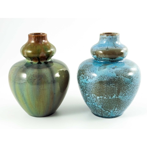 1305 - Pilkington, two Royal Lancastrian opalescent vases, 1903 and 1909, double gourd form, pattern 2026, ... 