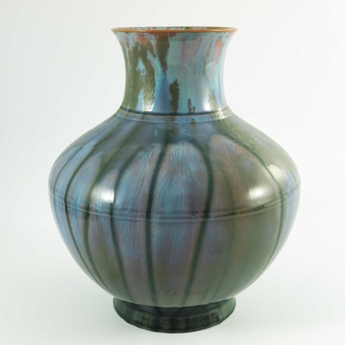 1313 - Pilkington, a Royal Lancastrian opalescent veined vase, 1908, shouldered amphora form, relief moulde... 