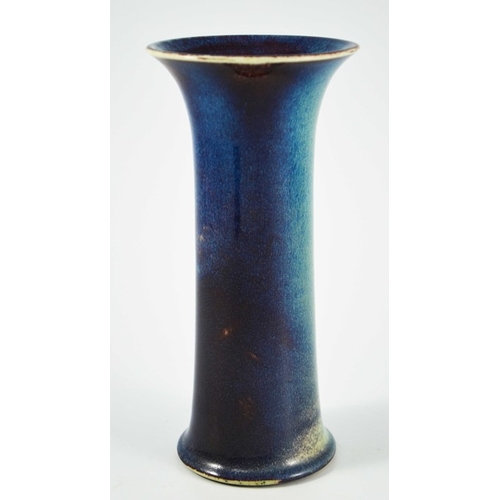 1344 - A Ruskin high fired vase, 1905, waisted trumpet form, blue turquoise with red grey, shape 63, impres... 