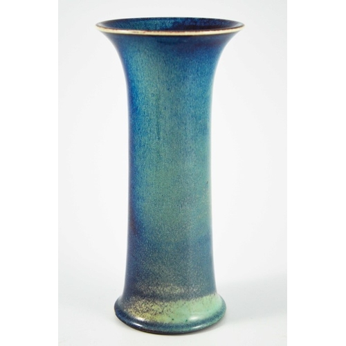 1344 - A Ruskin high fired vase, 1905, waisted trumpet form, blue turquoise with red grey, shape 63, impres... 