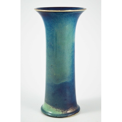 1344 - A Ruskin high fired vase, 1905, waisted trumpet form, blue turquoise with red grey, shape 63, impres... 