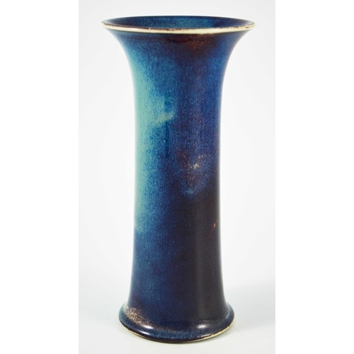 1344 - A Ruskin high fired vase, 1905, waisted trumpet form, blue turquoise with red grey, shape 63, impres... 