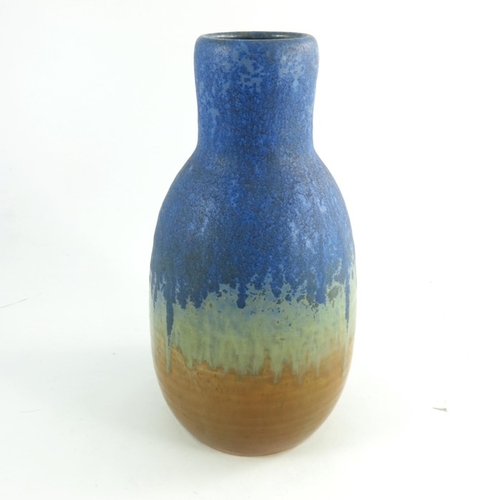 1359 - A Ruskin Crystalline glazed vase, 1927, ovoid bulbous form, matte blue over orange, impressed marks,... 