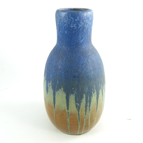 1359 - A Ruskin Crystalline glazed vase, 1927, ovoid bulbous form, matte blue over orange, impressed marks,... 