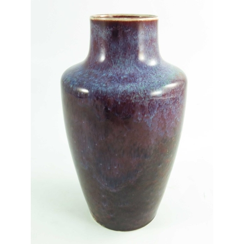 1361 - A Ruskin high fired vase, 1924, shouldered form, red and purple glaze, impressed marks, 25cm high