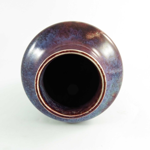 1361 - A Ruskin high fired vase, 1924, shouldered form, red and purple glaze, impressed marks, 25cm high