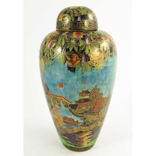 1371 - Daisy Makeig Jones for Wedgwood, a Pagoda lustre vase and cover, Z5226, shouldered ovoid form, gilt ... 