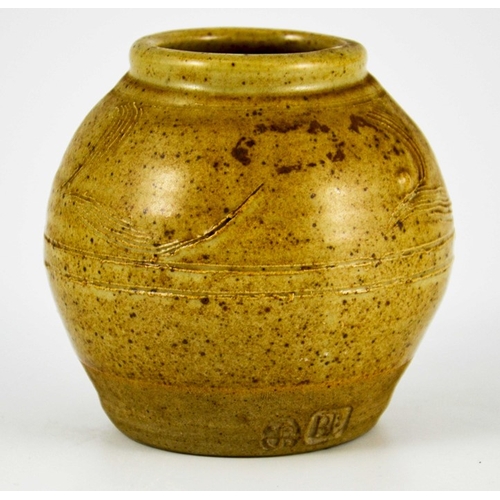 1401 - Bernard Leach, a St Ives studio pottery vase, ovoid form, incised combed L decoration, impressed sea... 