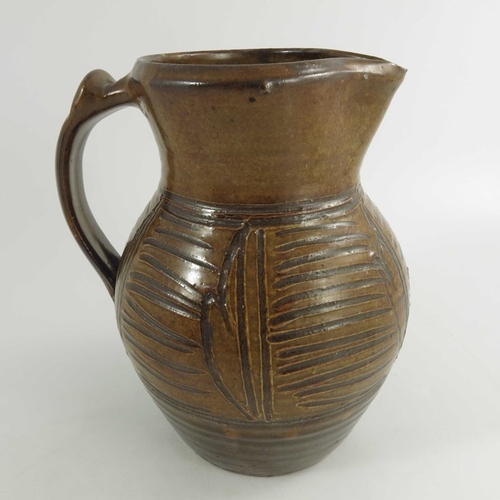 1410 - Michael Cardew for Wenford Bridge, a studio pottery jug, incised panels of horizontal stripes betwee... 