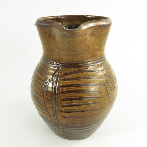 1410 - Michael Cardew for Wenford Bridge, a studio pottery jug, incised panels of horizontal stripes betwee... 