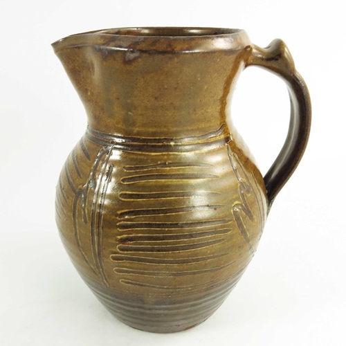 1410 - Michael Cardew for Wenford Bridge, a studio pottery jug, incised panels of horizontal stripes betwee... 