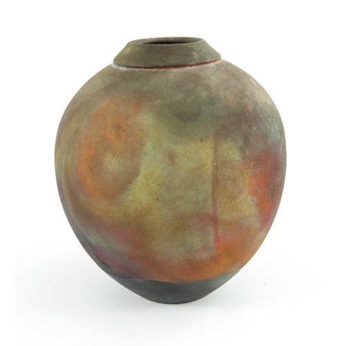 1424 - Three fumed raku studio pottery vases, including Les Rucinski, Julie Furminger and another, conical ... 