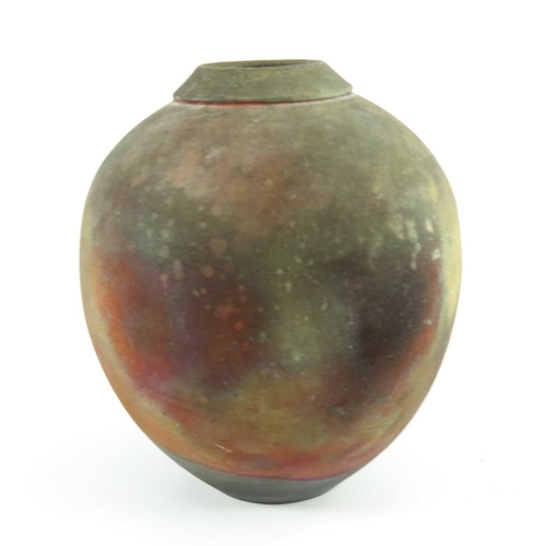 1424 - Three fumed raku studio pottery vases, including Les Rucinski, Julie Furminger and another, conical ... 