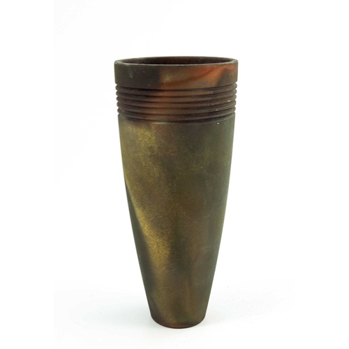 1424 - Three fumed raku studio pottery vases, including Les Rucinski, Julie Furminger and another, conical ... 