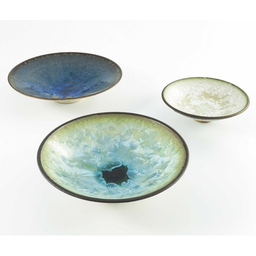 1426 - Simon Rich, three studio pottery crystalline glazed bowls, shallow conical form with ash glazed rims... 