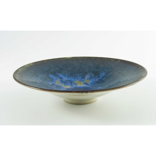 1426 - Simon Rich, three studio pottery crystalline glazed bowls, shallow conical form with ash glazed rims... 