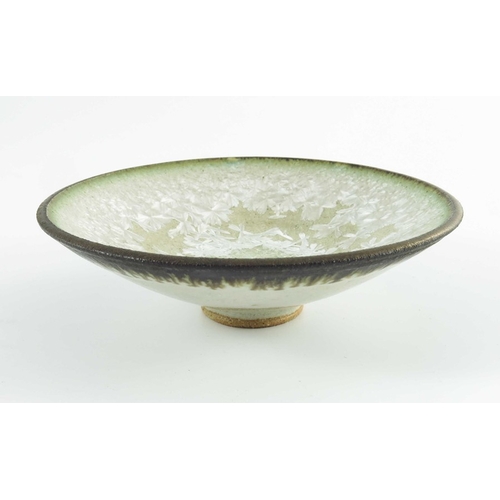 1426 - Simon Rich, three studio pottery crystalline glazed bowls, shallow conical form with ash glazed rims... 