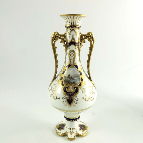 1435 - A pair of Spode Copeland vases, circa 1920, baluster form with twin handles, hand painted with spray... 