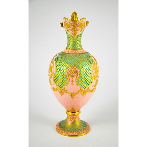 1439 - A Coalport Pink and Jewelled Turquoise Gold Ground Baluster Ewer, circa 1893, green printed crown ma... 