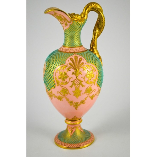 1439 - A Coalport Pink and Jewelled Turquoise Gold Ground Baluster Ewer, circa 1893, green printed crown ma... 