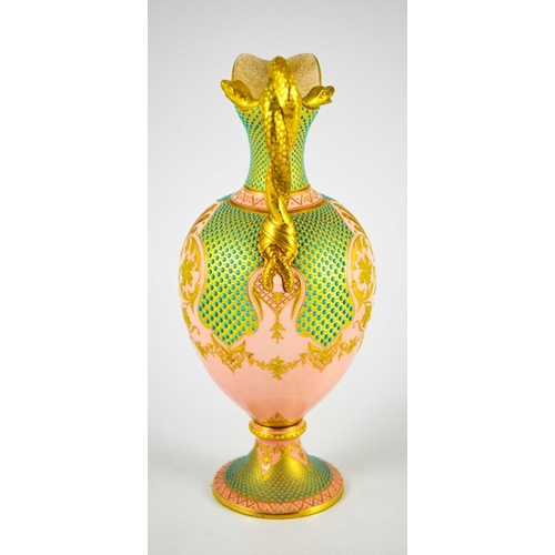 1439 - A Coalport Pink and Jewelled Turquoise Gold Ground Baluster Ewer, circa 1893, green printed crown ma... 