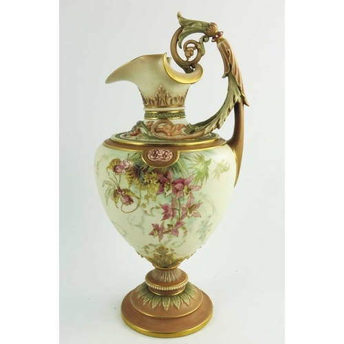 1446 - A Royal Worcester blush ivory ground ewer, date code for 1893, florally decorated in coloured enamel... 