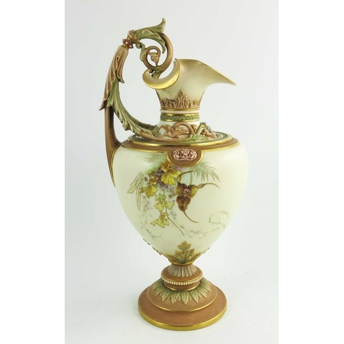 1446 - A Royal Worcester blush ivory ground ewer, date code for 1893, florally decorated in coloured enamel... 