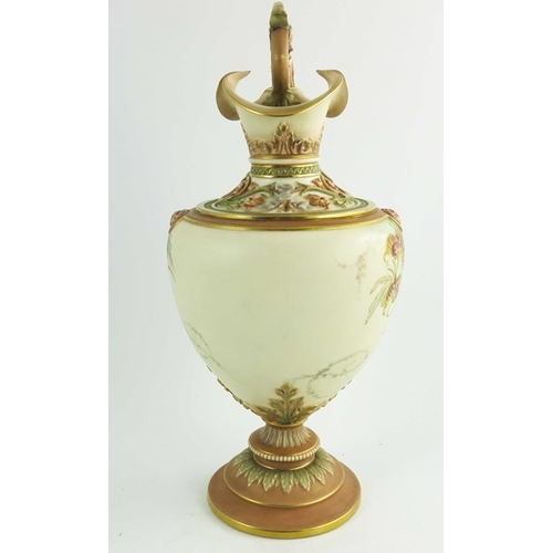 1446 - A Royal Worcester blush ivory ground ewer, date code for 1893, florally decorated in coloured enamel... 