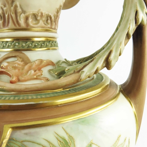 1446 - A Royal Worcester blush ivory ground ewer, date code for 1893, florally decorated in coloured enamel... 