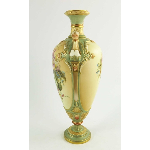 1447 - A Royal Worcester blush ivory ground two handled urn shape vase florally decorated in coloured ename... 