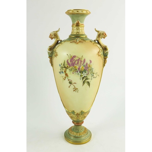 1447 - A Royal Worcester blush ivory ground two handled urn shape vase florally decorated in coloured ename... 