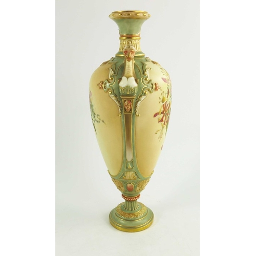 1447 - A Royal Worcester blush ivory ground two handled urn shape vase florally decorated in coloured ename... 