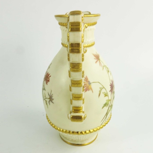 1452 - A Royal Worcester blush ivory ground jug, 1890, the compressed ovoid body flanked by a scroll handle... 