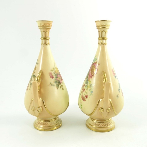 1453 - Royal Worcester a pair of blush vases, circa 1900, teardrop footed form, shape 982, painted floral s... 