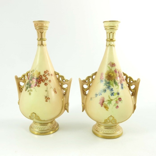 1453 - Royal Worcester a pair of blush vases, circa 1900, teardrop footed form, shape 982, painted floral s... 