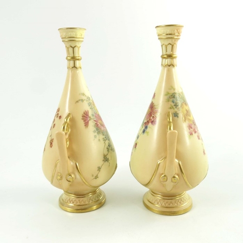 1453 - Royal Worcester a pair of blush vases, circa 1900, teardrop footed form, shape 982, painted floral s... 