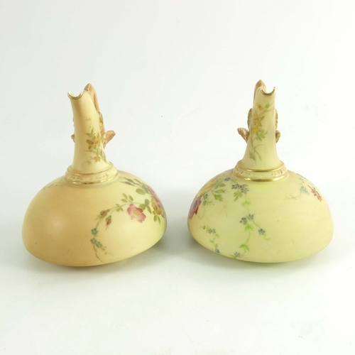 1454 - Royal Worcester a pair of blush ewers, 1898, squat form, dragon handle, shape 1048, painted floral s... 