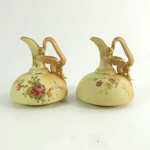 1454 - Royal Worcester a pair of blush ewers, 1898, squat form, dragon handle, shape 1048, painted floral s... 